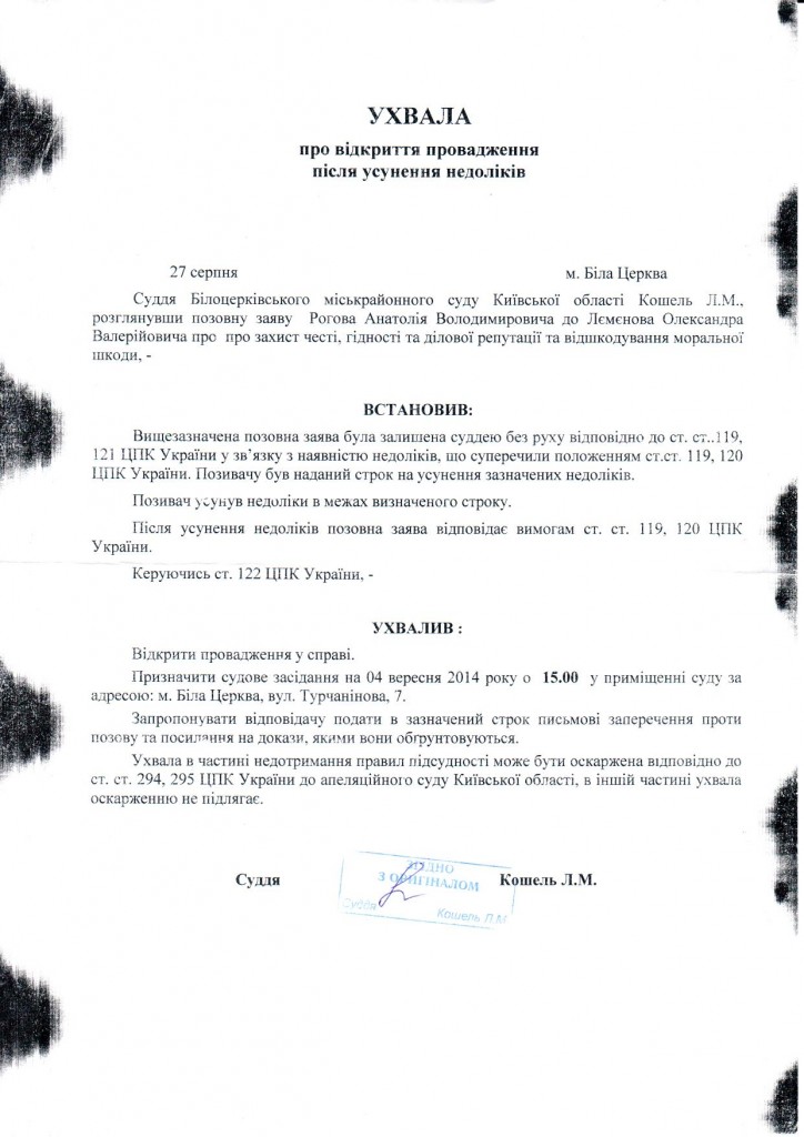 Ухвала про відкриття провадження 27.08.14